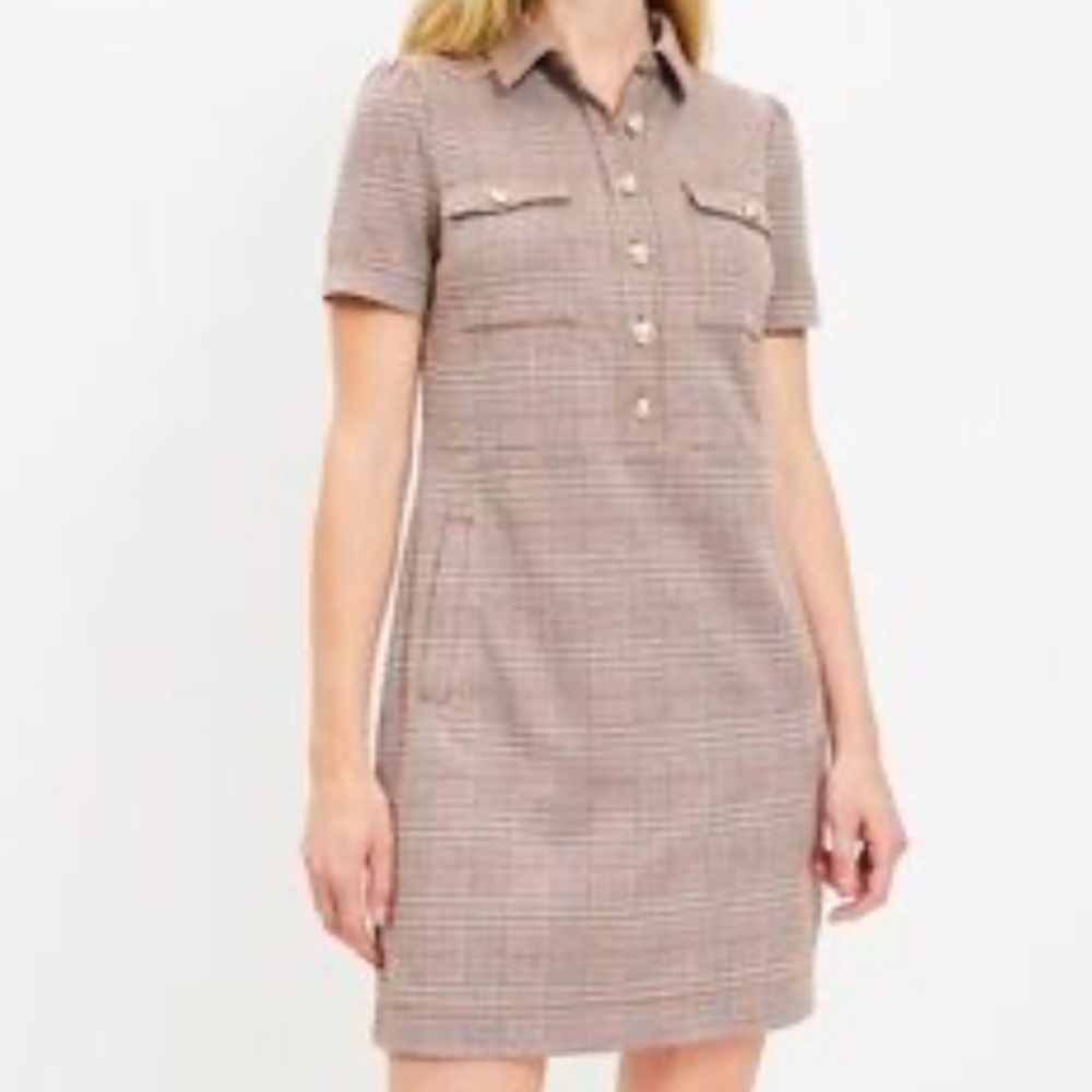Loft Plaid Collared Mini shift dress front button browns short sleeve size 6 - Picture 16 of 16